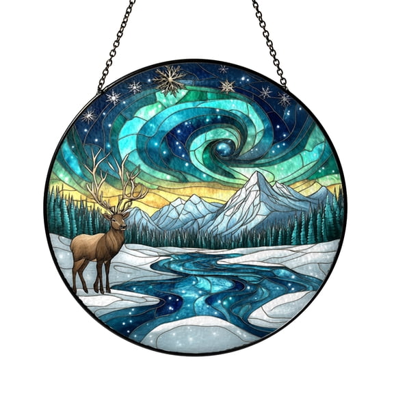 Stained glass style elk panel with aurora landscape, peaceful outdoor window hanging