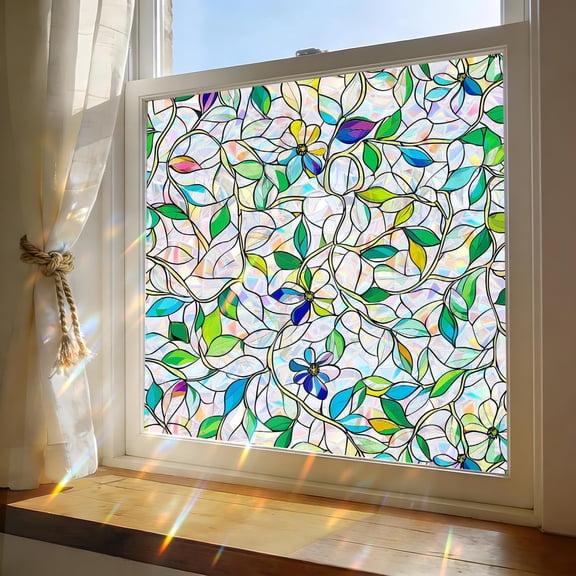 Stained lass Window Film, Rainbow Privacy, One Way Decorative Tint, Static Clin, Renter Friendly for Home Bathroom Door