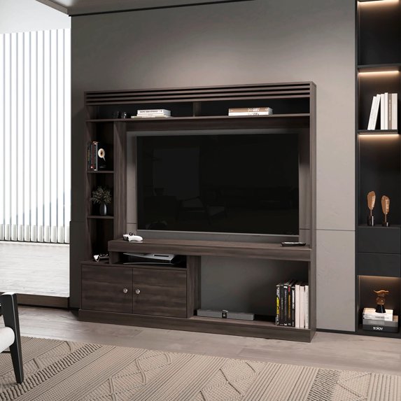 Stained walnut, concealed 2 - door storage option / Create a tidy entertainment space at home