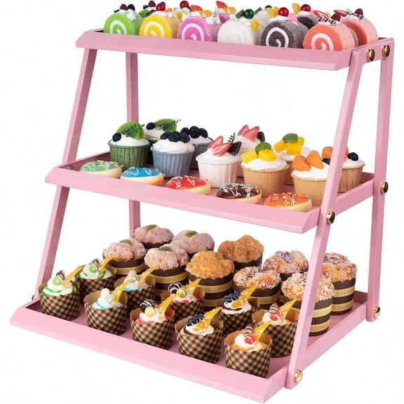 Stainl Steel 3 Tier Cupcake Stand with Pink Coating Elegant Dert Tower Cookie Tray Rack for Tea Party Serving Easy Assembly Pink Cake Stand for Wedding Shower