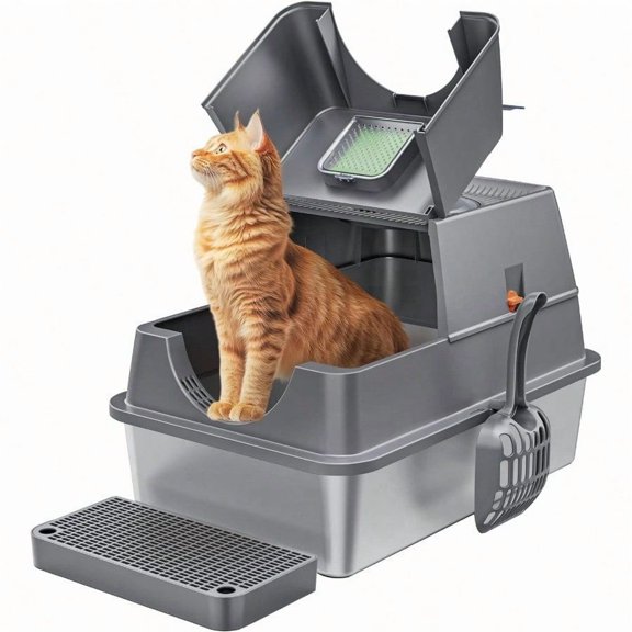 Stainl Steel Litter Box with Lid Large Enclosed High Sided Covered Metal Steel Cat Litter Box with Steps Scoop Easy Cleaning Odor Control Front Entry Top Exit