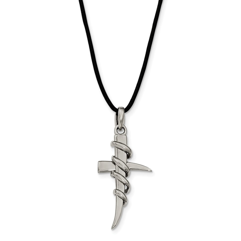 Stainles Steel Leather Cord Cross Necklace - 20 Inch