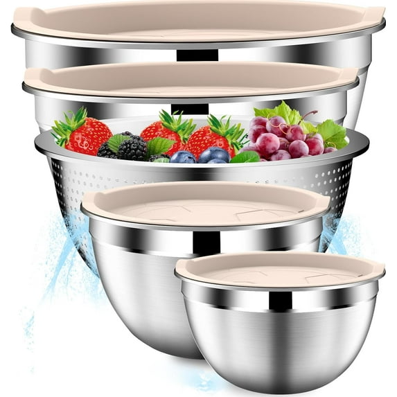 Stainles Steel Mixing Bowls with Lids Set, Stackable Metal Mixing Bowl with Strainer, 5-Piece - Beige