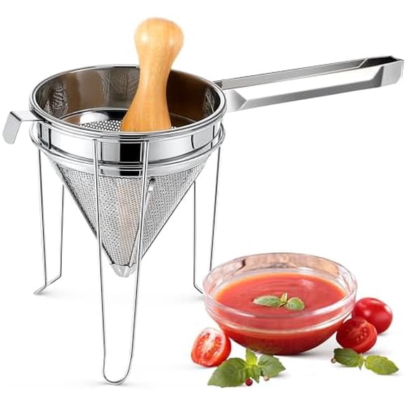 StainlesS sTEEL cHINOIS sTRAINER WITH sTAND AND wOODEN pESTLE sET, cHINA cAP sTRAINER FOR tOMATO, bERRY, fRUIT, eGG, sOUP AND oTHER cANNING jAM mAKING sUPPLIES, 15.35 X 7.67 X 7.28 INCH