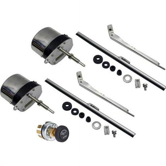 Stainless 12 Volt Electric Windshield Wiper Motors & Dual Switch Kit, 90-Degree Sweep, Universal Fitment, Self-Park Feature, Compact and Self-Contained, Premium Stainless Steel Construction