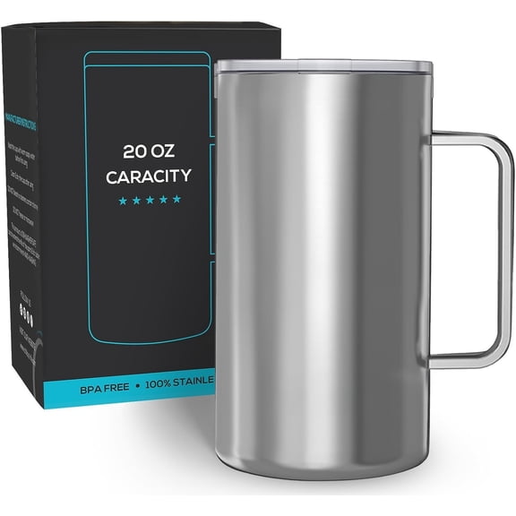 Stainless 20 oz Vacuum Insulated Coffee Mug with Handle and Lid, Large Thermal Camping Coffee Mug Cup with Durable Sliding Lid for Men & Women, Keeps your Beverages Hot/Cold