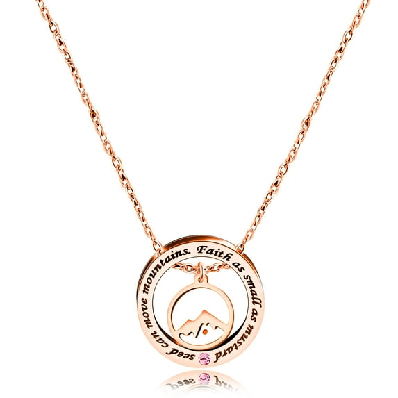 Stainless Bible Verse Necklace with Pink Cubic Zirconia, Christian Mustard Seed Jewelry Round Mountain Necklace For Women (Rose Gold, Round Mountain)