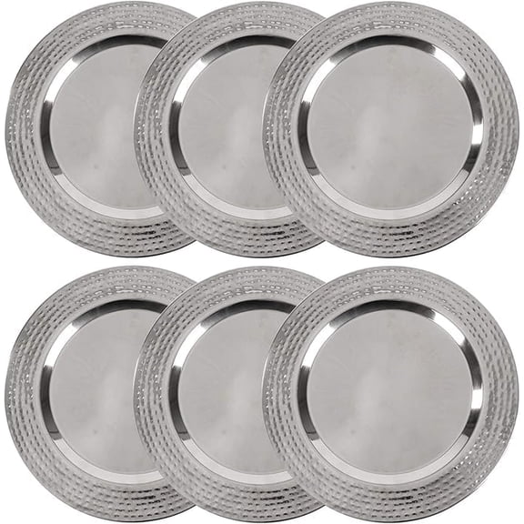 Stainless Charger Plate - 6 Pack - 13 inch Round Stainless Steel Chargers for Dinner Plates with Hammered Rim - Silver Charger Plates Set