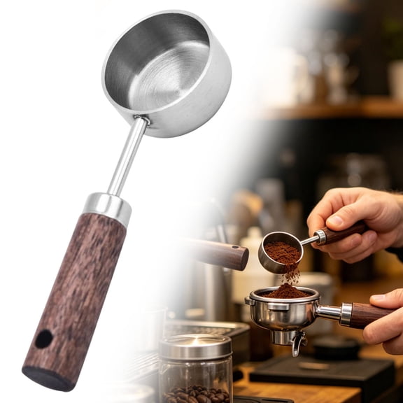 Hgtduk Stainless Coffee Measuring Spoon with Wooden Handle, Coffee Scoop for Ground Coffee Tea Powder, Flat Bottom with Hanging Hole for Kitchen Storage, Silver