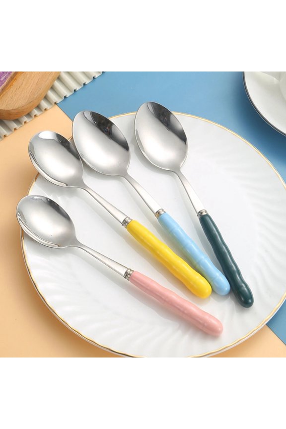 Stainless Dinner Spoon, Tableware Grade Proof Silver Spoon, Long Handle Spoon, Stainless Steel Coffee Spoon with Burr Handle for Home Kitchen Restaurant (7.08Inch)