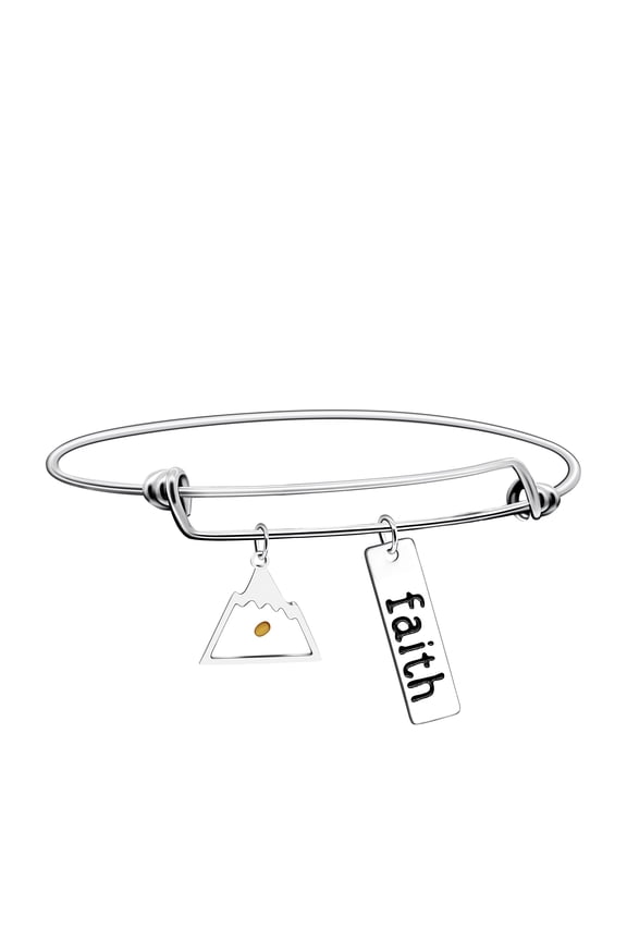 Stainless Faith Bangle 2.5" Bracelet Mustard Seed Triangle Mountain Charms Christian Gift Y558