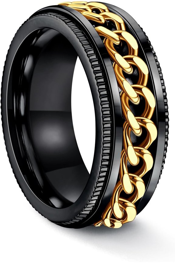 Stainless Fidget Mens Rings - Spinner Ring for Men Women Rings Chain Black Wedding Band 8mm Size 7-14