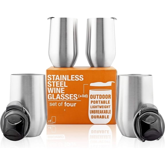 Stainless Glasses with Lid - Set of 4-17 oz Double Wall Insulated Outdoor Tumblers - Unbreakable & Stemless Glass - Tumbler Set for Outdoor : , Coffee & Camping