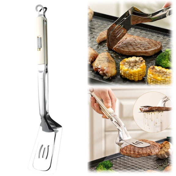 Stainless Grill Clamp, Anti-Scald Extended Handle Spatula Tong, Multi Functional BBQ Clip for Outdoor Grilling & Kitchen Cooking Cream