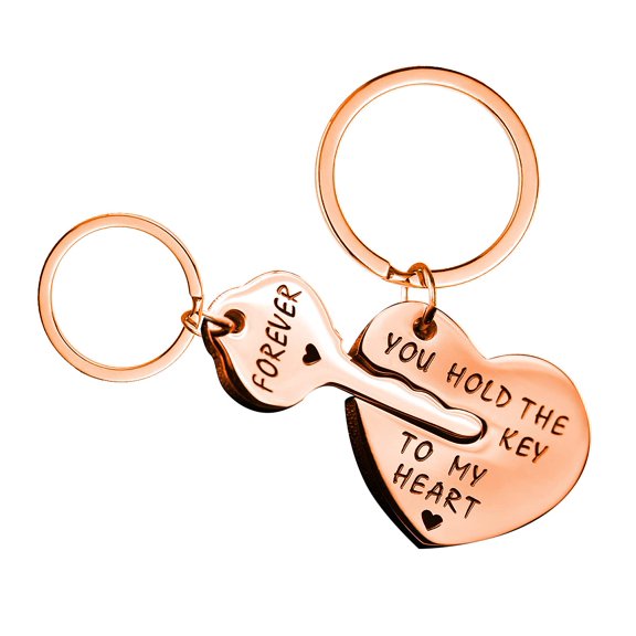 Stainless Key and Heart Puzzle Matching Keychain, Couples Keyring You Hold The Key To My Heart Forever SN150 (Rose Gold)