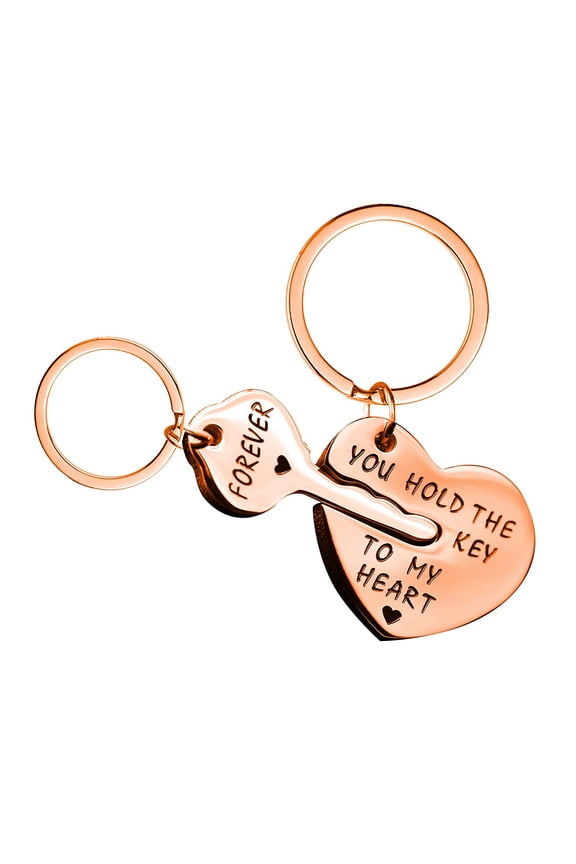 Stainless Key and Heart Puzzle Matching Keychain, Couples Keyring You Hold The Key To My Heart Forever SN150 (Rose Gold)