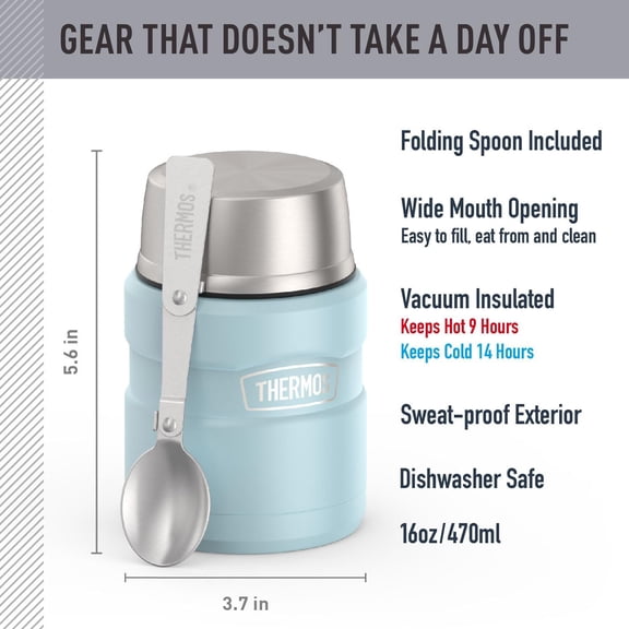 Stainless King Vacuum-Insulated Food Jar with Spoon, 16 Ounce, Matte Powder Blue