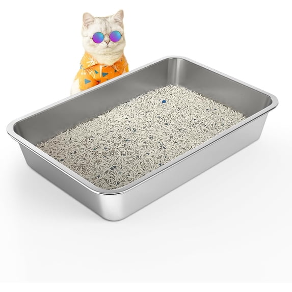 Stainless Steel Cat Litter Box, 4in Shallow Litter Box for Senior Cats and Kittens, Large Metal Litter Pan Nonstick Odor Control Anti-Corrosion