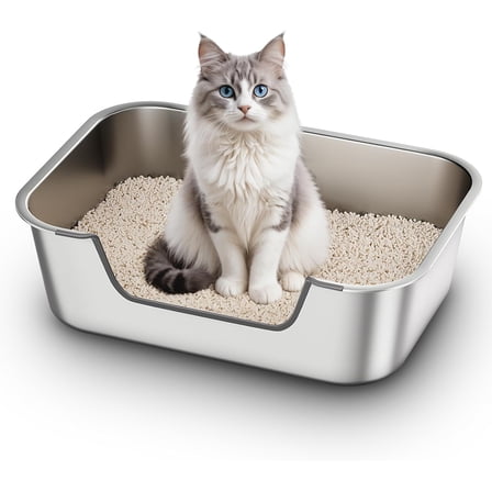 Stainless   Litter Box with Low Entry,  Kitty Litter Box for Senior or Injured Cats, Odor-, Non-, Easy to Clean, 19.5"x13.6"x5.9", Litter Pan for Big and Small Cats