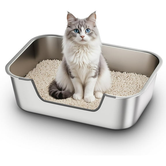 Stainless   Litter Box with Low Entry,  Kitty Litter Box for Senior or Injured Cats, Odor-, Non-, Easy to Clean, 19.5"x13.6"x5.9", Litter Pan for Big and Small Cats