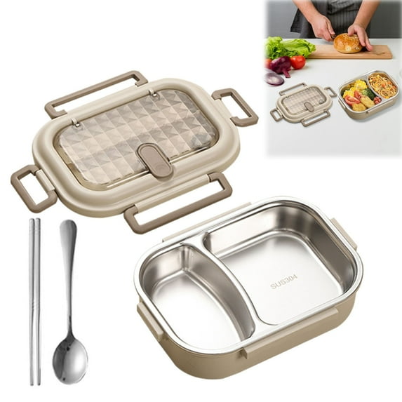 Stainless Lunch Box, 2 Compartment Stainless Bento Box, Insulated Food Container with Spoon and Fork, Leakproof Portable Meal Prep for Work/Outings, WEIWEIGG