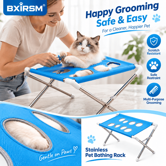 Stainless Pet Grooming Table Sky Blue with Restraint Holes Metal Frame Non Slip Feet for Dog Cat Nail Trimming Bathing 23.62inch