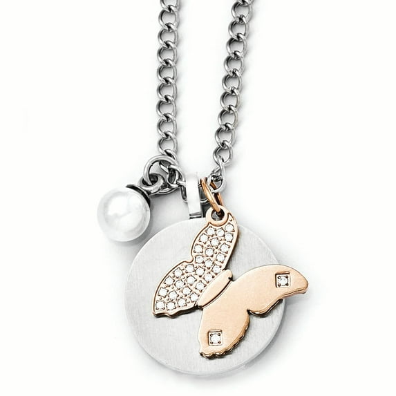 Finest Gold Stainless Steel Brushed & Polished Rose IP CZ Butterfly & FWC Pearl Necklace