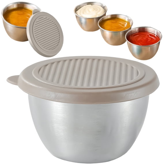 Stainless Sauce Cup Basdi Reusable Stainless Salad Dressing Cup (2.7 Oz) - Leakproof Silicone Lid for Travel & Picnics - Small Condiment Container for Meal Prep - Kitchen Storage Essential, Khaki