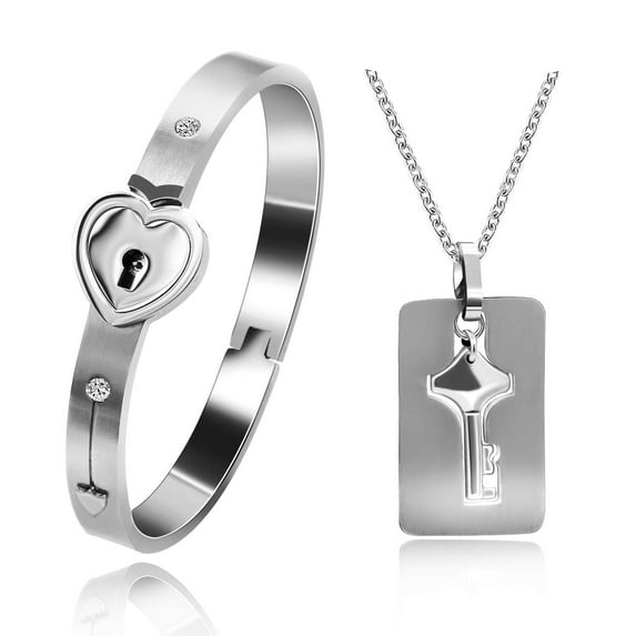 Stainless Shield Key Pendant & Lock Bangle Bracelet His and Hers Matching Couples Jewelry Set for Girlfriend Boyfriend SN300