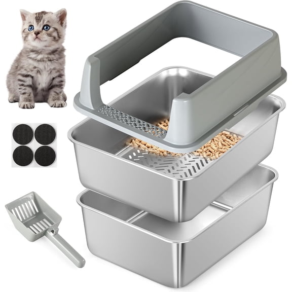 Stainless  Sifting Litter Box for Pine Pellets, Sifting  Litter Box with Sifter, High Side for Small Cats, Anti-Leakage, Odor Control, Includes Scooper, 17.7" x 13.8" x 11"