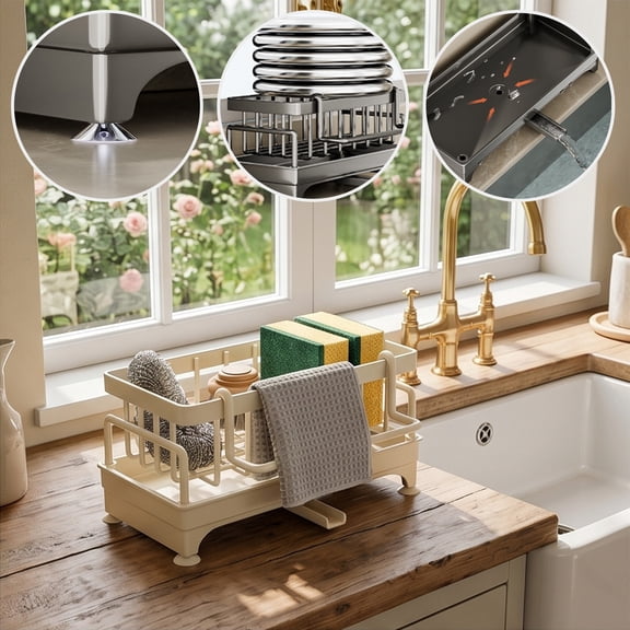 Stainless Sink Drain Rack, Self-Draining Sink Shelf with Soap Sponge Holder, Kitchen Countertop Organizers and Storage Essentials, Rustproof Stainless Steel