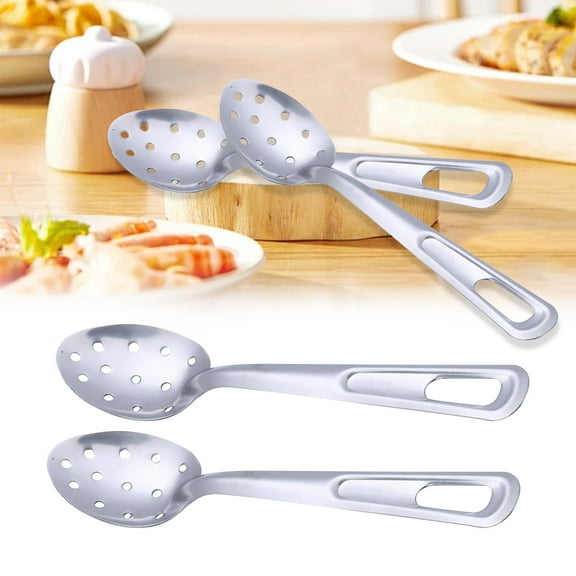 Stainless Spoon Common Serving Spoon Soup Spoon Colander Spoon Extended Sauté Spoon Non Long Hole Round Hole Kitchenware/ Stainless Steel Frying Spoon 2Pcs