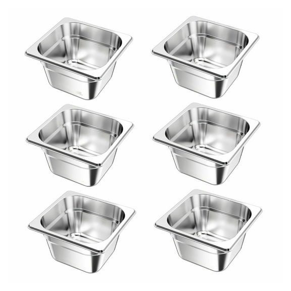 Stainless Steam Pans 6 Pack, 1/6 Size Hotel Pans 4 Inch Deep - Restaurant Catering Storage, Commercial Kitchen Prep, Buffet Serving