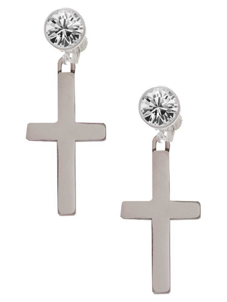 Stainless Steel 1.3" Cross - Clear Crystal Clip On Earrings