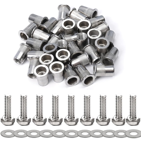 Stainless Steel 1/4-20 Rivet Nuts and Bolts 3/4" Hex Head Screws Flat Washers Rivnut Threaded Nutsert 30-Set