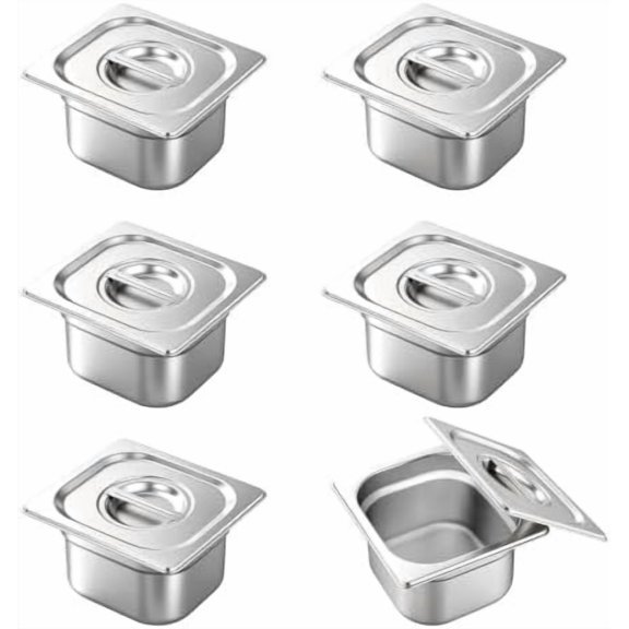 Stainless Steel 1/6 Size 4 Inch Deep Hotel Pans, 6 Packs