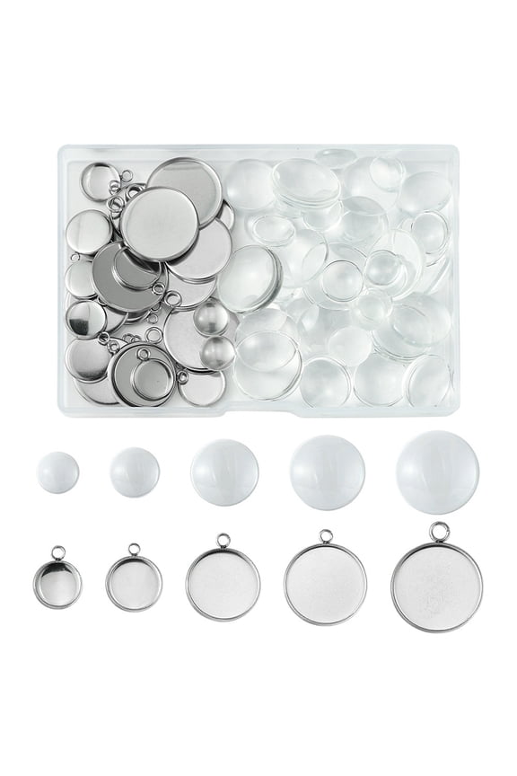 Stainless Steel 1 box DIY Blank Dome Pendant Making Kit Including Flat Round 304 Stainless Steel Pendant Cabochon Settings Glass Cabochons Stainless Steel color 66pcs/box
