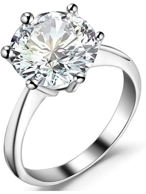 Stainless Steel 1 to 4 Carat Cubic Zircon Simulated Diamond Solitaire Wedding Engagement Ring