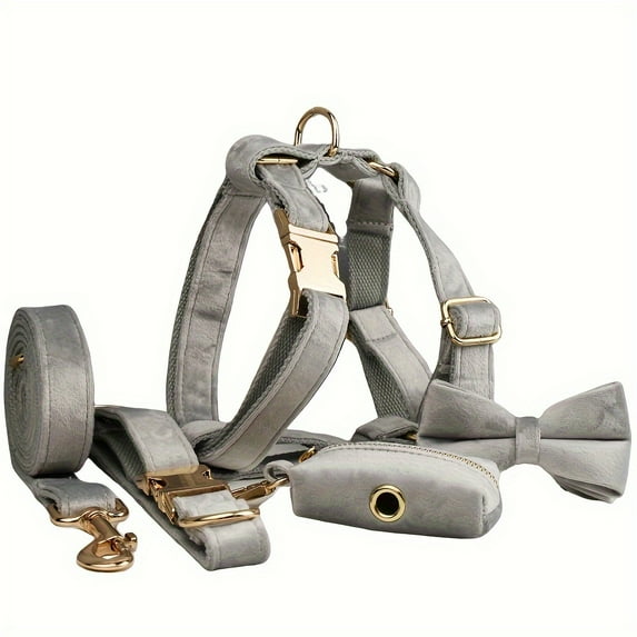 5pcs/set NEWKBO Personalized Soft Velvet Dog Collar and Leash Set with Gentle Design Bow Harness Poop Bag Holder - Engraved Custom Name and Phone Number Walking Supplies for Pets Outdoo