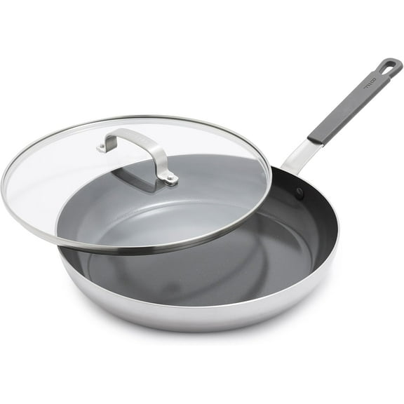 Stainless Steel 12 Frying Pan Skillet & Glass Lid, Professional Grade Tri-Ply, Multiclad, PFAS-Free Ceramic Nonstick, Induction Suitable, Dishwasher & Oven Safe, Stay Cool Handle