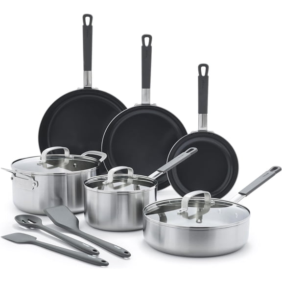 Stainless Steel 12 Piece Cookware Pots & Pans Set, Professional Grade Tri-Ply, Multiclad, PFAS-Free Ceramic Nonstick, Induction Suitable, Dishwasher & Oven Safe, Stay Cool Handles