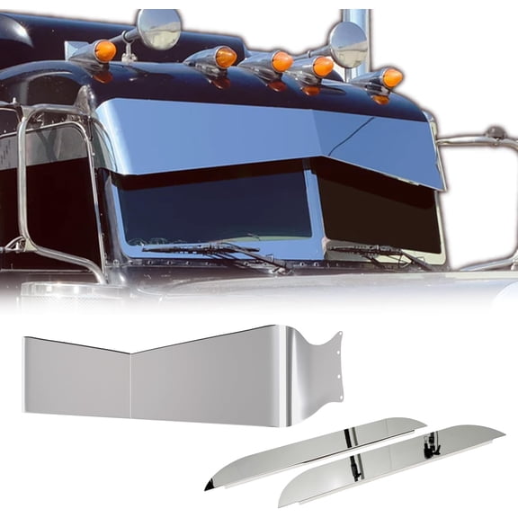 Stainless Steel 13" Flat/Ultra Cab Bowtie Drop Sun Visor with 5" Chopped Window Trim for 2005+ Peterbilt 379 386 389