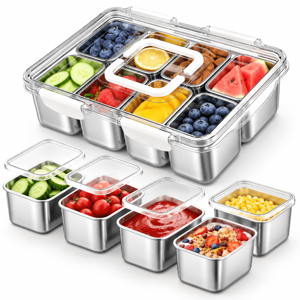Stainless Steel 142oz 8-Compartment Snackle Box Container with Locking ...