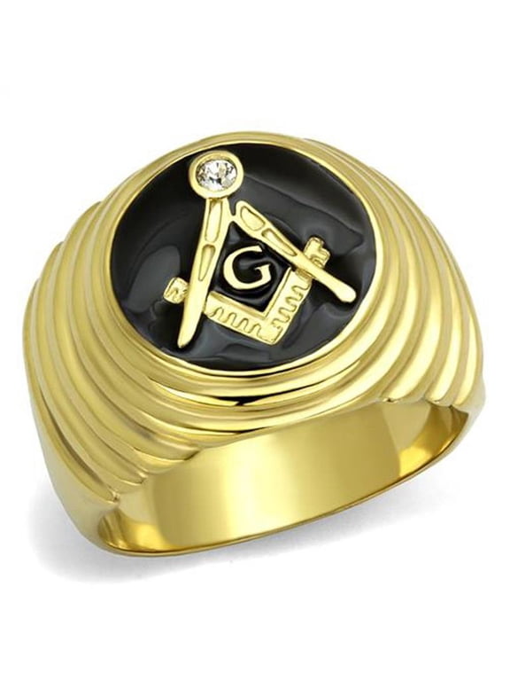Stainless Steel 14K Gold I.P. Crystal Masonic Lodge Freemason Ring Men's Size 8
