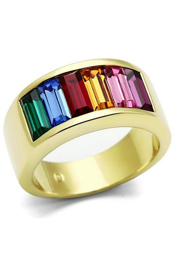 Stainless Steel 14K Gold Ion Plated Baguette Rainbow Ring Women's Sizes 7