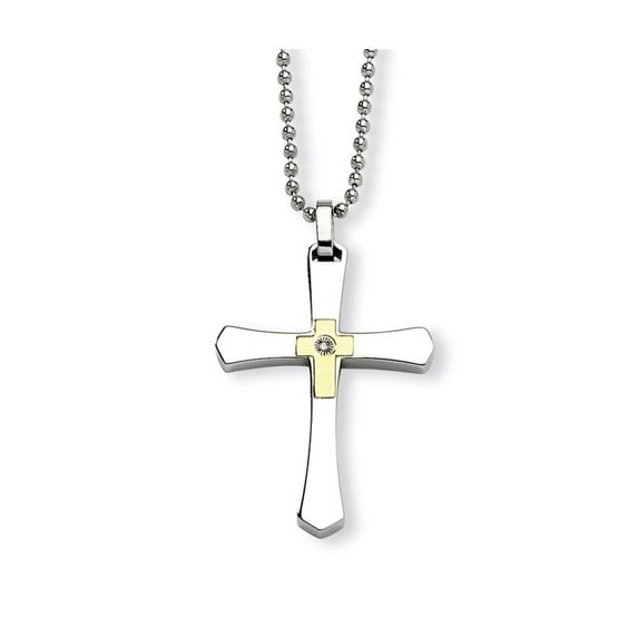 Stainless Steel 14k Gold With Diamond Cross Pendant Necklace - 22 Inch - Measures 28mm Wide