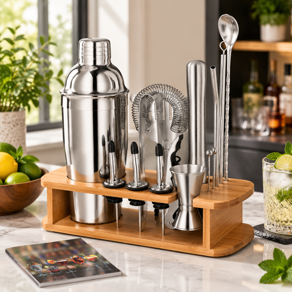 Stainless Steel 17-Piece Bartender Kit with Wooden Stand and Recipe Book
