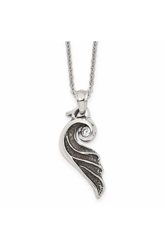 Stainless Steel 18 inch Polished & Antiqued Clear Crystal Wing Necklace; 18 inch; for Adults and Teens; for Women and Men