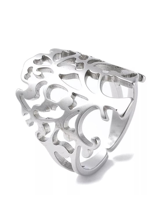 Stainless Steel 18K Gold Plated Silver Adjustable Ring Tree Of Life Statement Polished Comfort Fit Everyday Wear R41
