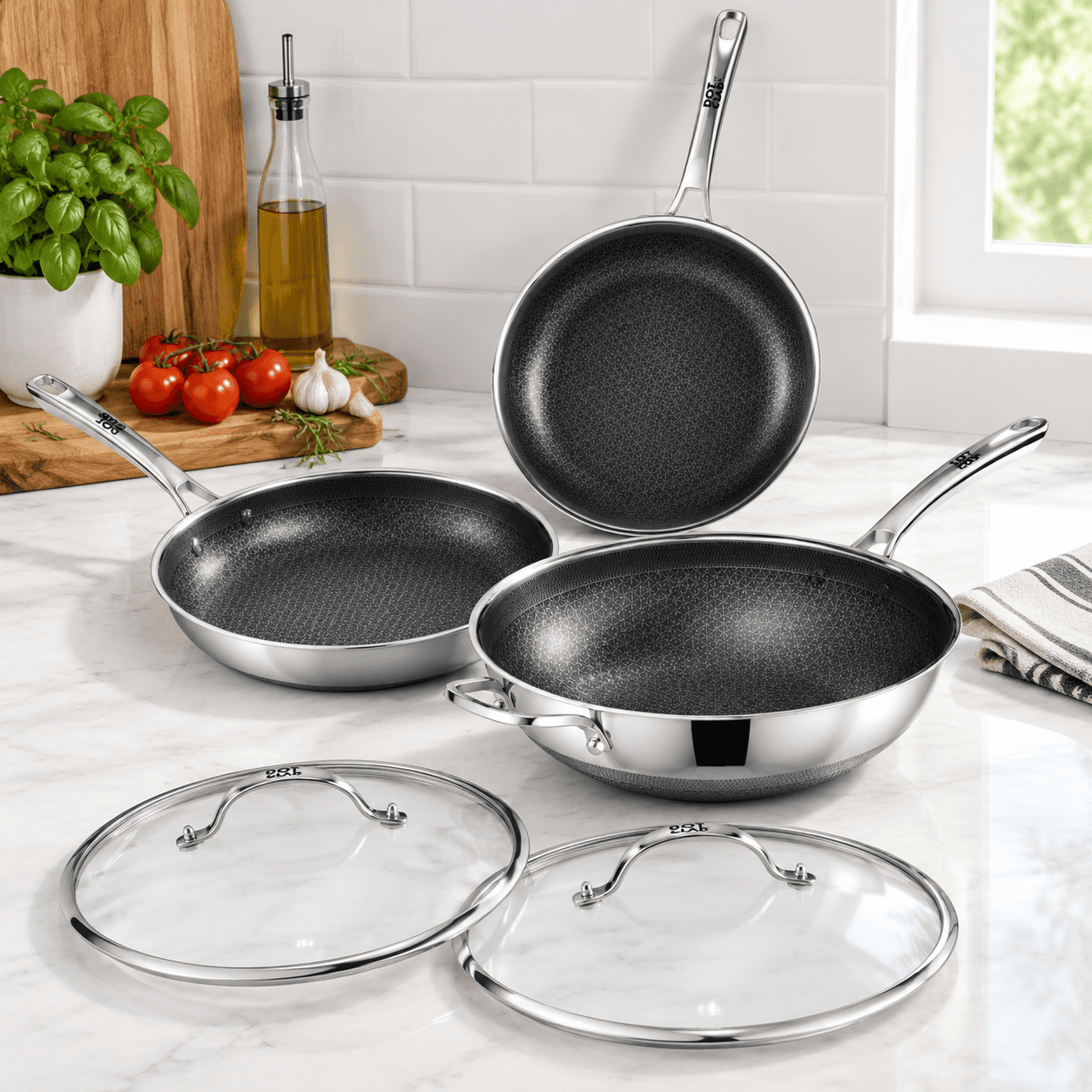 Two Pans Set Stainless Steel 1x10IN & 2x12IN Hybrid Wok and Frying Pan Set, 3-Piece ...